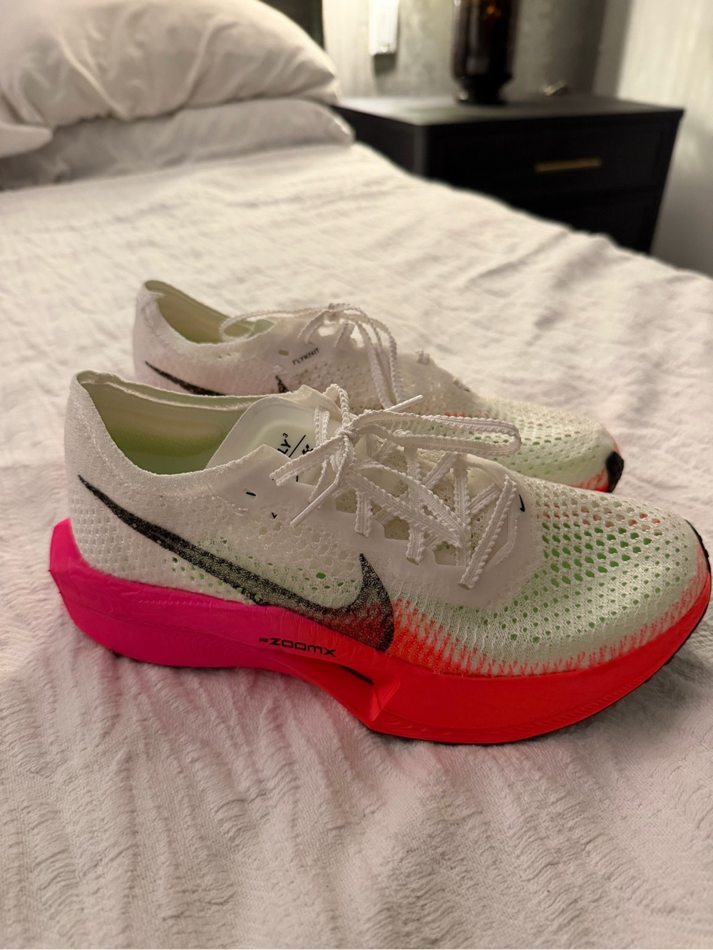 Nike Women's ZoomX vaporfly racing Fly Shoes in White with Pink/Red Sole